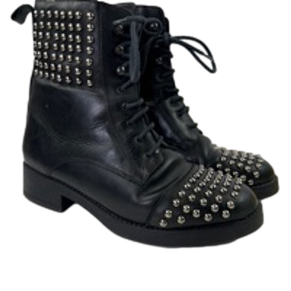 Fabianelli Women's Black Leather studded lace up ankle boots size 39 - Picture 1 of 10